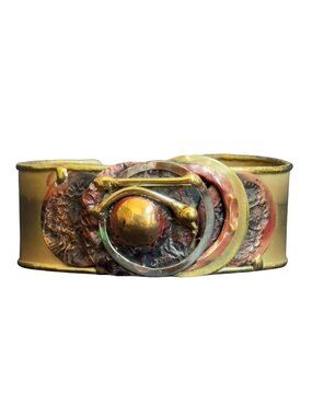 South Africian Hand-crafted Brass Cuff Bracelet Abstract Red Gold Metal Accents